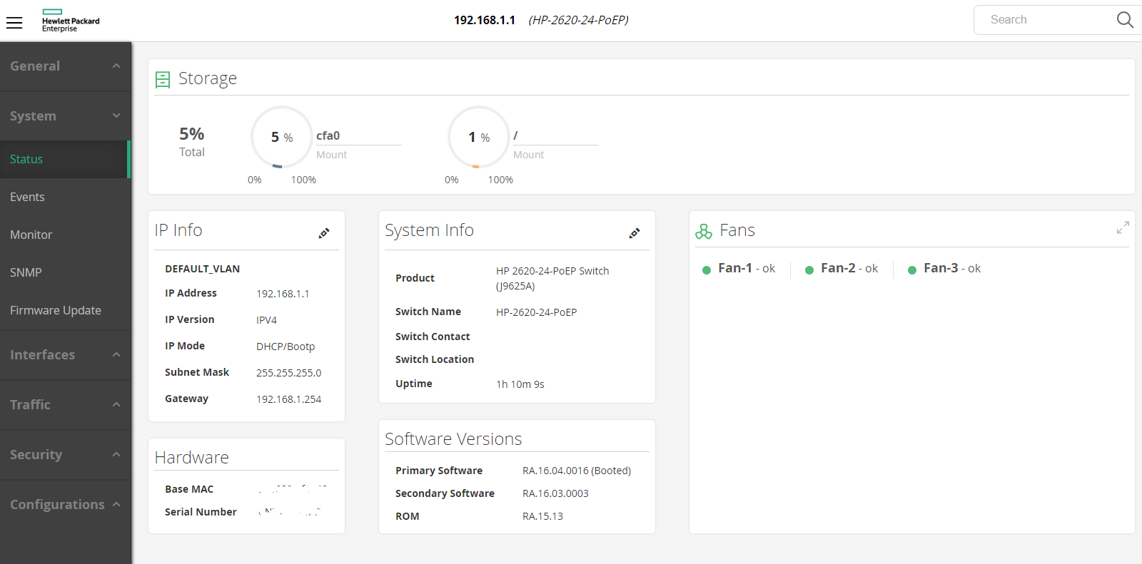 HPE web interface, System Status page, Software Versions showing primary RA.16.04.0016 (Booted) and secondary RA.16.03.0003