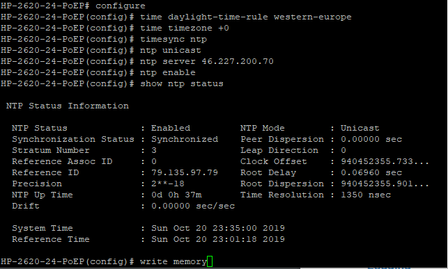 Switch console session setting the timezone, timesync ntp and an NTP server, then show ntp status reporting Synchronized at stratum 3