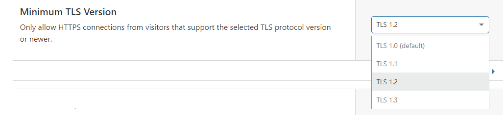 Cloudflare SSL/TLS settings with Minimum TLS Version set to TLS 1.2