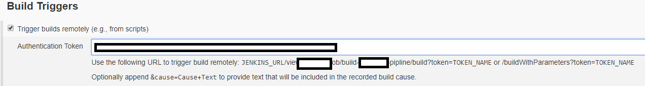Jenkins Build Triggers section with “Trigger builds remotely” ticked and an authentication token filled in