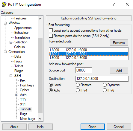 PuTTY configuration, SSH port forwarding, with local ports 8000, 8001 and 9000 forwarded to 127.0.0.1