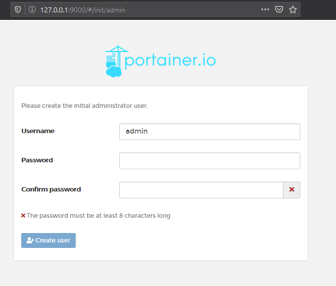 Portainer at 127.0.0.1:9000 asking for the initial administrator user