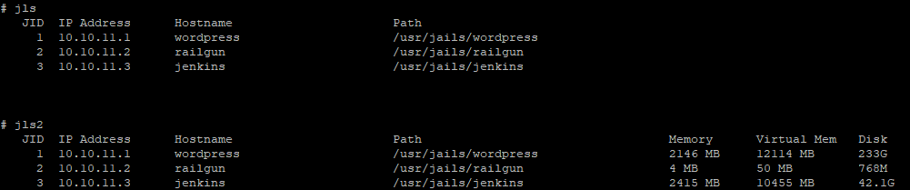 Terminal comparing jls, which lists three jails by JID, IP, hostname and path, with jls2, which adds memory, virtual memory and disk